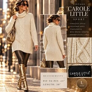 Carole Little Sport Turtleneck Women L Cream Cable Knit Metallic Gold Chic VTG